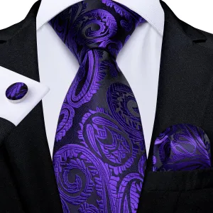 DiBanGu Mens Tie Purple Black Paisley Silk Tie Handkerchief Cufflinks Set