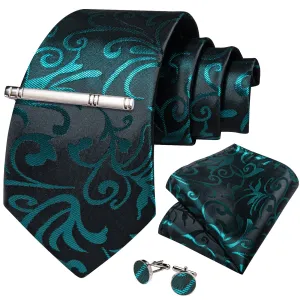 DiBanGu Silk Tie Black Teal Floral Men's Tie Handkerchief Cufflinks Clip Set