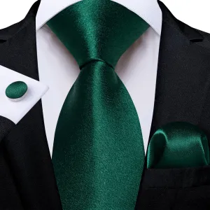 DiBanGu Silk Tie Shining Deep Green Solid Mens Formal Work Dresses Tie Handkerchief Cufflinks Set