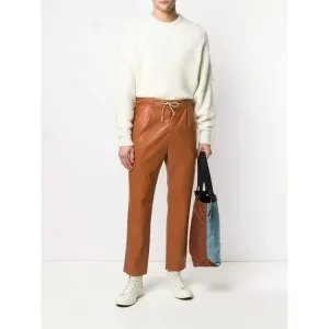 Drawstring Waist Tan Leather Trousers Pant for Men