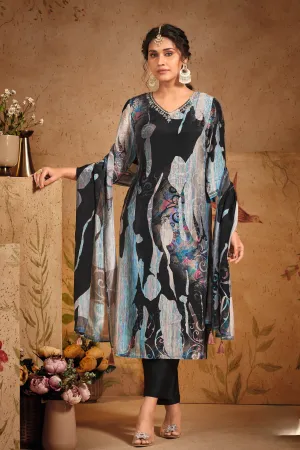 Elegant Black Floral Printed Crepe Silk Kurta Pant Set