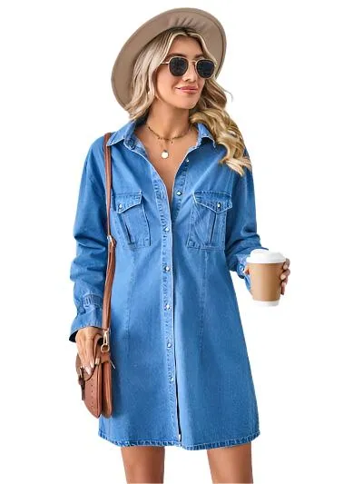 TEEK - Pocketed Button Mini Denim Dress