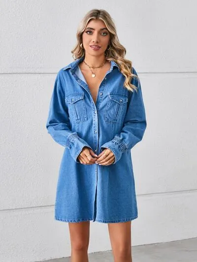 TEEK - Pocketed Button Mini Denim Dress