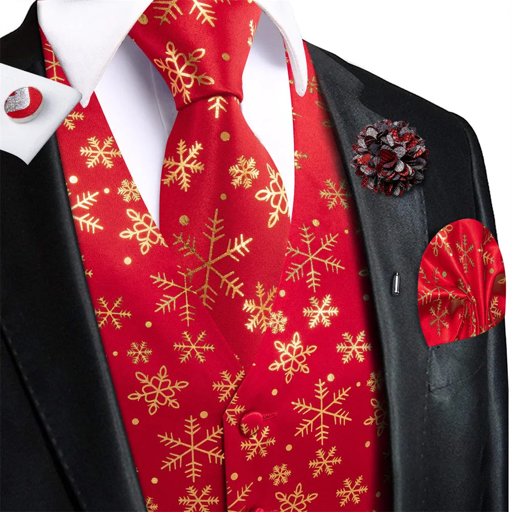 Ties2you Mens Silk Waistcoat Red Gold Snow Christmas Vest Necktie Set