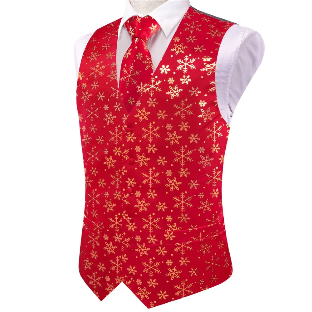 Ties2you Mens Silk Waistcoat Red Gold Snow Christmas Vest Necktie Set