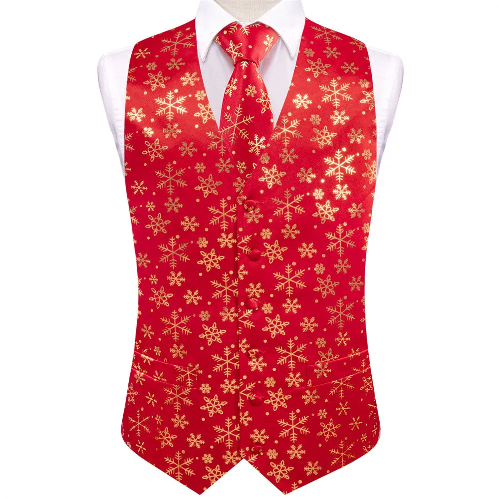 Ties2you Mens Silk Waistcoat Red Gold Snow Christmas Vest Necktie Set