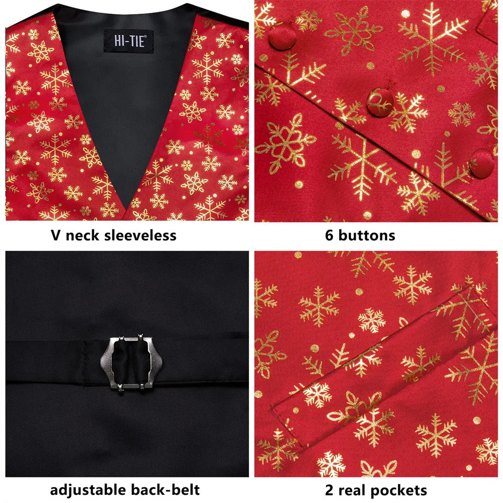 Ties2you Mens Silk Waistcoat Red Gold Snow Christmas Vest Necktie Set