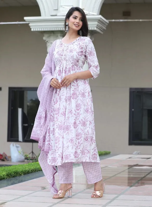 Women's Viscose Floral Printed Nayra Cut Kurta Pant With Dupatta